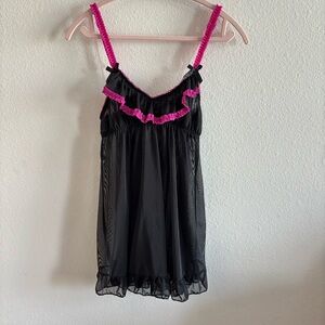 Y2K Mesh Babydoll Black and Pink Ruffle Lingerie Dress Size M